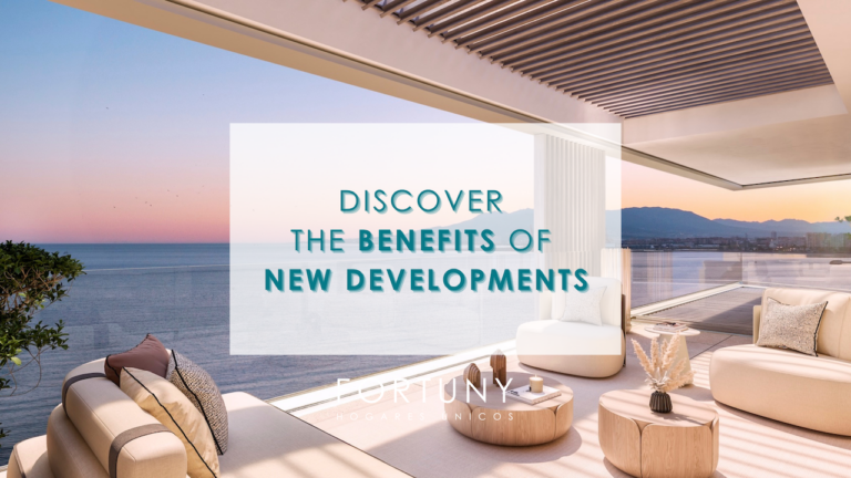Image of a terrace of a new build home in Malaga East with the title above which is Discover the benefits of new build promotions and the Fortuny Hogares Unicos logo.